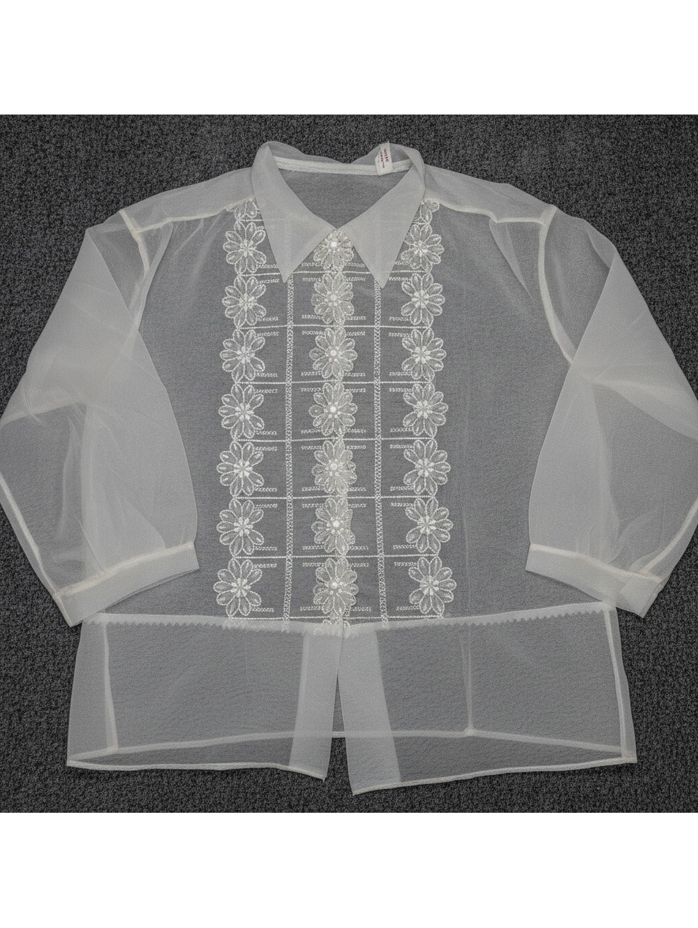 Vintage Jolene Barong Shirt Size 38 Floral Embroidered Sheer Nylon Organza Small